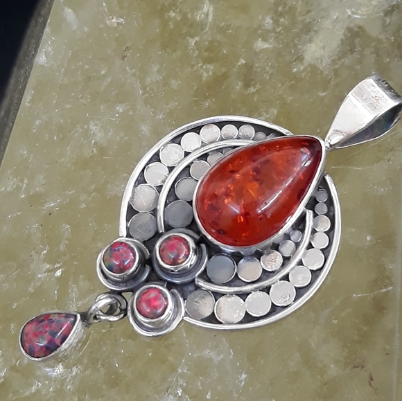 Amber and Fire Opal Silver Pendant - Picture 3 of 10
